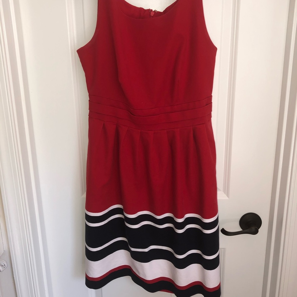 Red A-line dress with white and blue accents